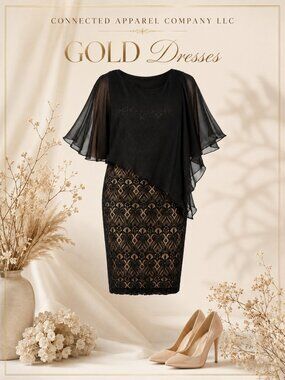 connected apparel gold dress Connected Apparel Earthy Floral Boat Neckline Organza Cuffs Faux Wrap Sheath Dress